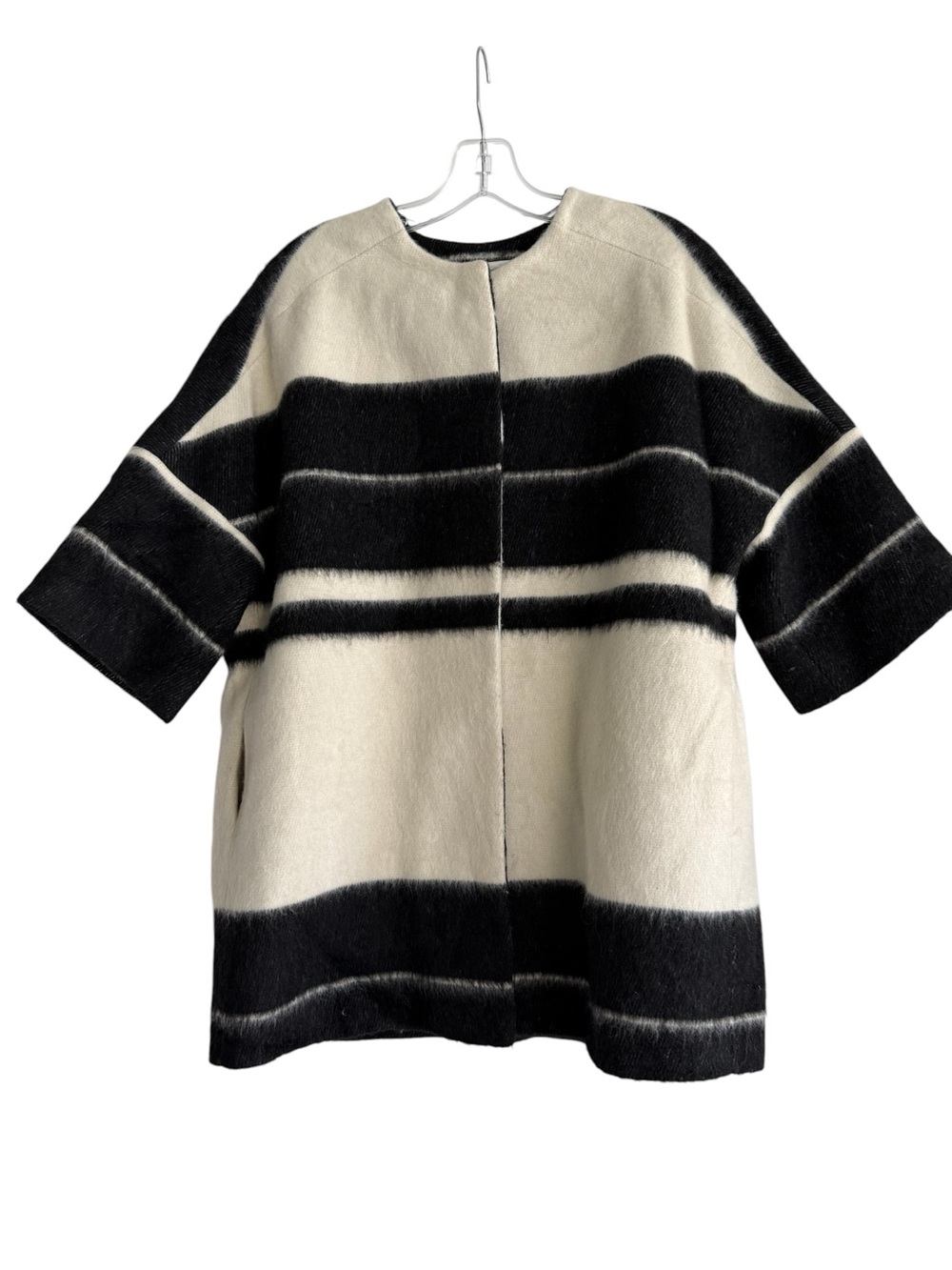 Helene Berman London Striped Swing Cocoon Coat Black Cream Wool Blend S Pockets
